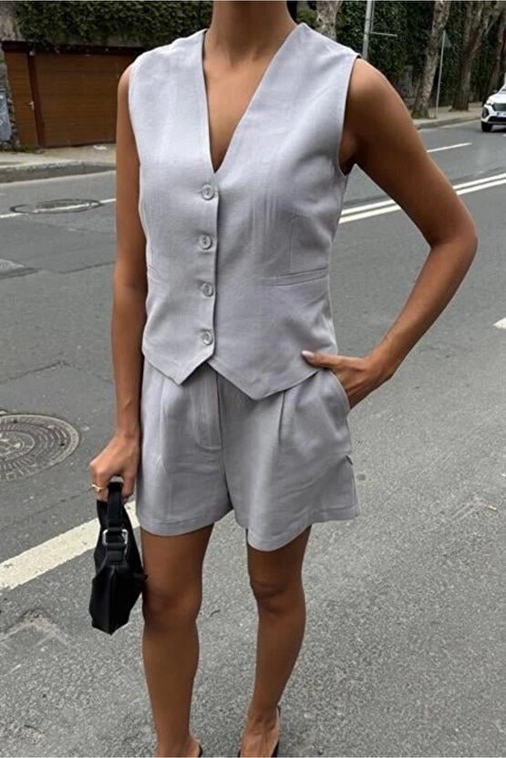 Yelek Şort Flamlı Keten Takım 10133-17