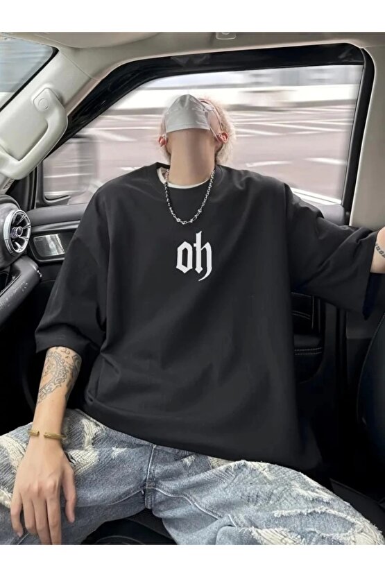 Baskılı Oversize Bisiklet Yaka T-shirt - Siyah