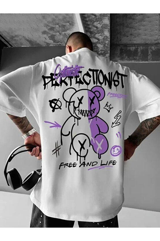 Baskılı Oversize Bisiklet Yaka T-shirt - Beyaz