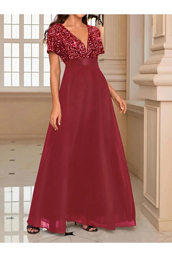 Kadın Kısa Kollu Derin V Yakalı A Kesim Pulpayet Detaylı şifon Nedime Elbisesi