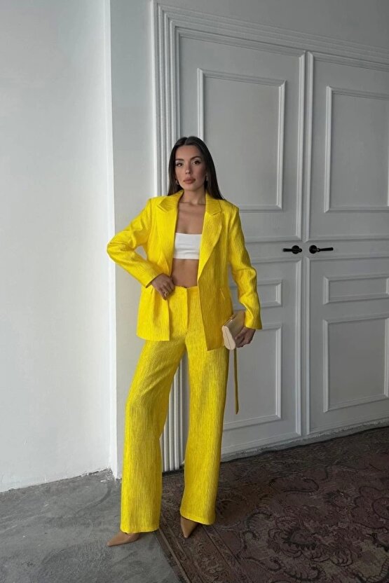 Neon Beli Kuşaklı Ceket Ve Pantolon Parlak Takım