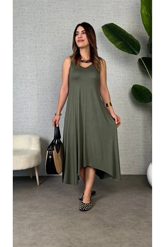 Kadın çan Dokuma Kumaş V Yaka Asimetrik Kesim Elbise