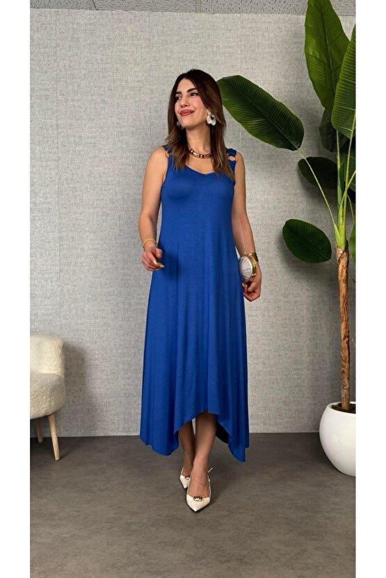 Kadın çan Dokuma Kumaş V Yaka Asimetrik Kesim Elbise