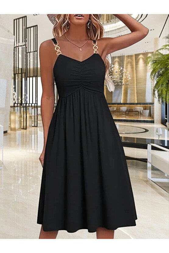 Kadın Ip Askılı V Yakalı Kısa Viskon Elbise