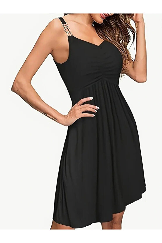 Kadın Ip Askılı V Yakalı Kısa Viskon Elbise