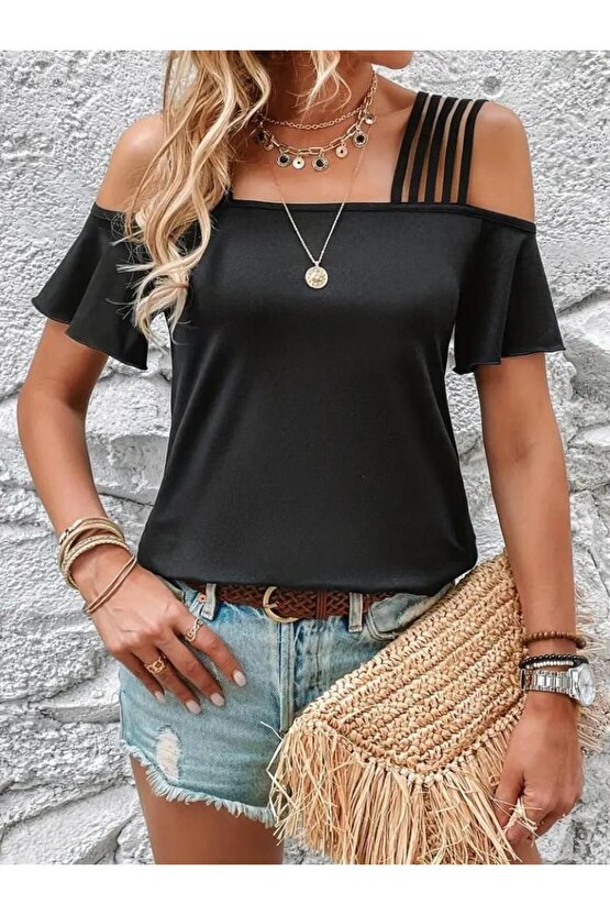 Kadın Kısa Kollu Beş Askılı Viskon Bluz