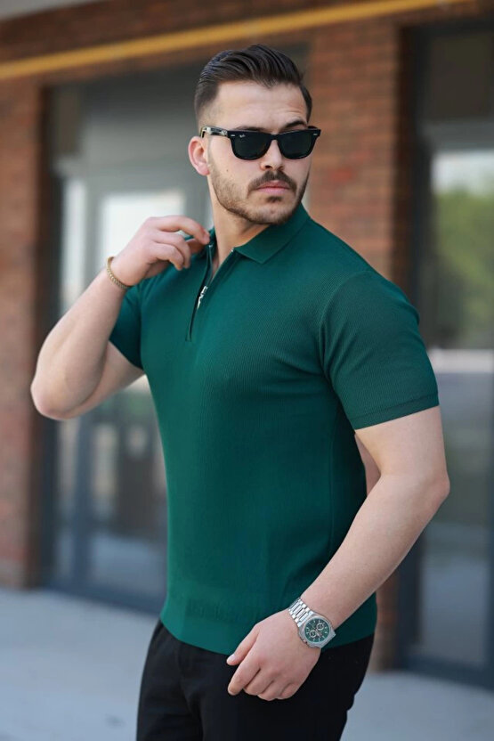 Erkek Fermuarlı Yakalı Kısa Kollu Tshirt