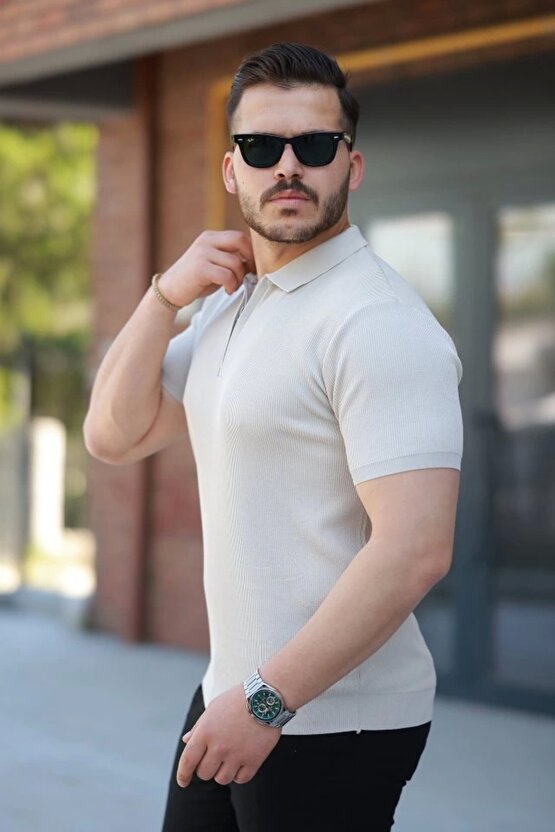 Erkek Fermuarlı Yakalı Kısa Kollu Tshirt