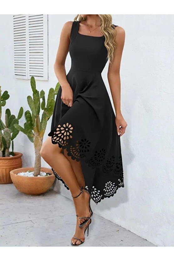 Kadın Askılı Geometrik Yaka çiçek Lazer Kesim Ithal Krep Elbise