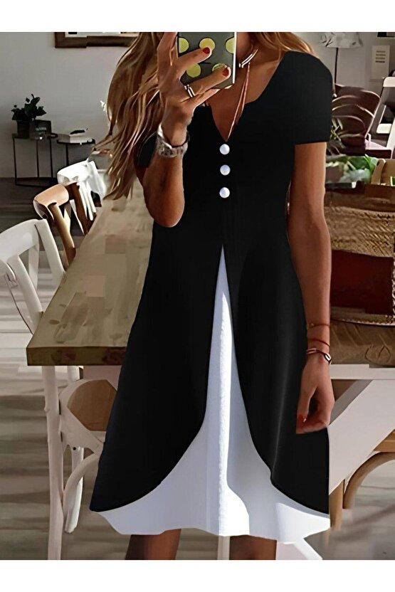 Kadın Kısa Kollu Bisiklet Yakalı Cepli önden Yırtmaçlı Viskon Iki Iplik Midi Elbise