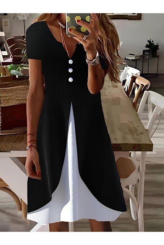 Kadın Kısa Kollu Bisiklet Yakalı Cepli önden Yırtmaçlı Viskon Iki Iplik Midi Elbise