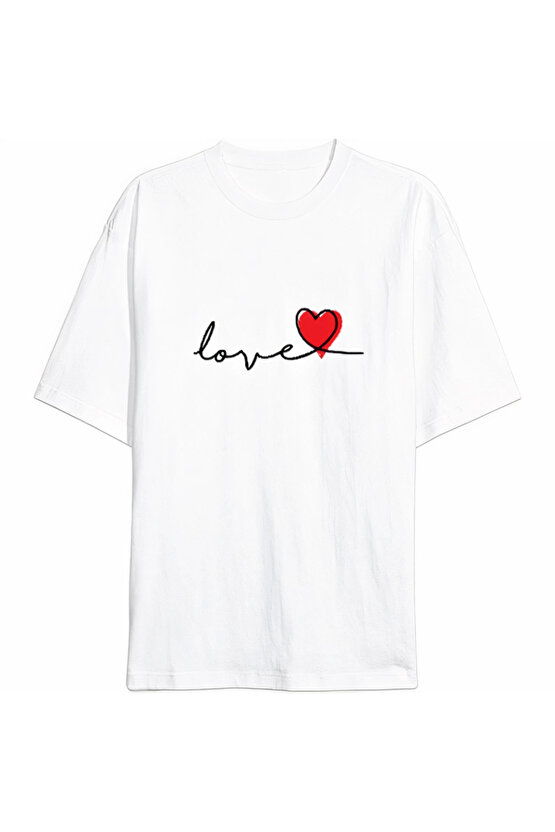 Sevgililer Günü İçin Özel Tasarım Love Baskılı T-shirt - Beyaz