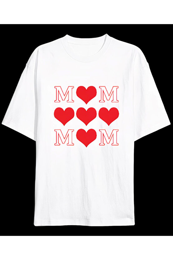 eyesof Anneler Gününe Özel Tasarım MOM Kalp Baskılı T-shirt - Beyaz