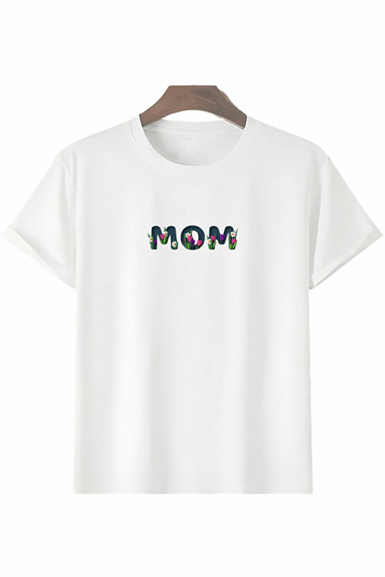 Anneler Gününe Özel Tasarım Mom Çiçek Baskılı T-shirt - Beyaz