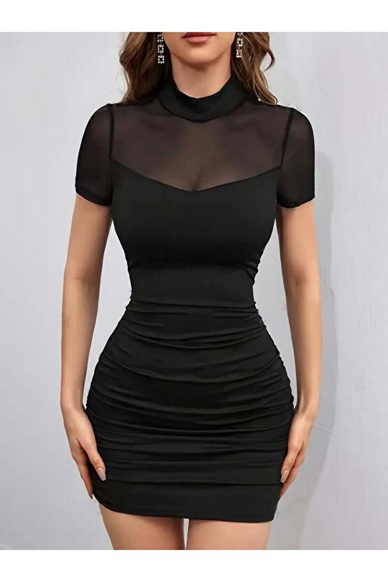 Kadın Kısa Kollu Yarı Balıkçı Yaka Tül Detaylı Kısa Janjan Krep Elbise