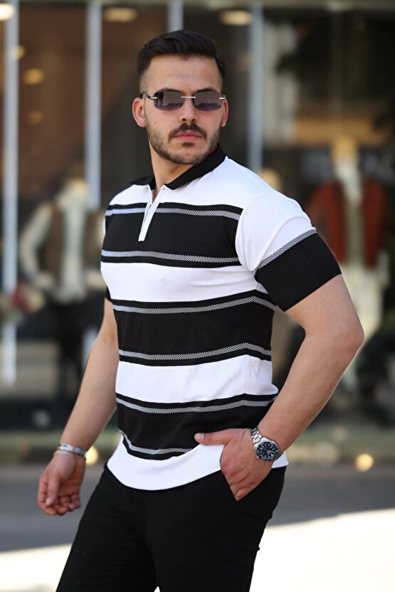 Erkek Yakalı Fermuarlı çift Renk Kısa Kollu T-shirt