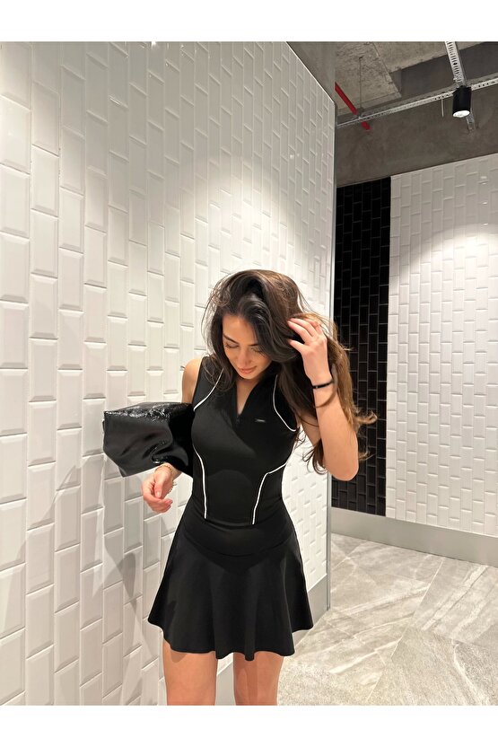 Siyah Fermuarlı Bilyeli Bluz