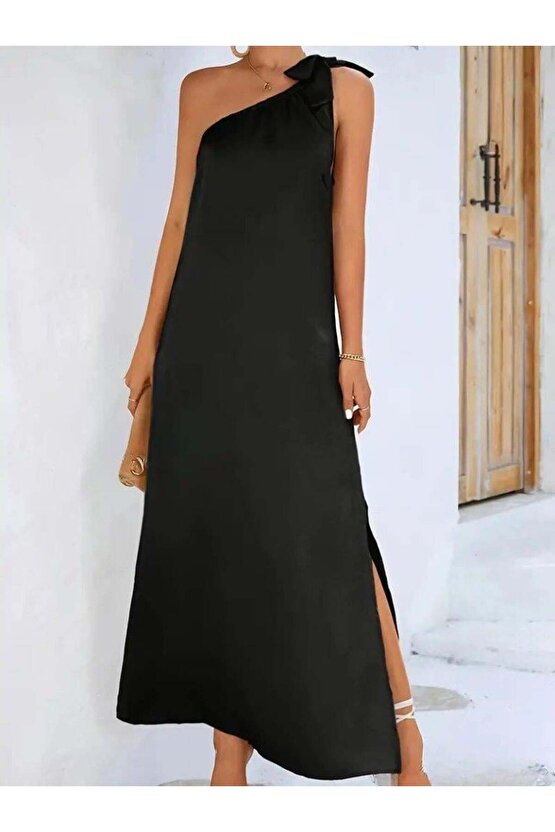 Kadın Tek Omuzdan Askılı Kurdela Detaylı Yırtmaçlı Uzun Janjan Krep Elbise