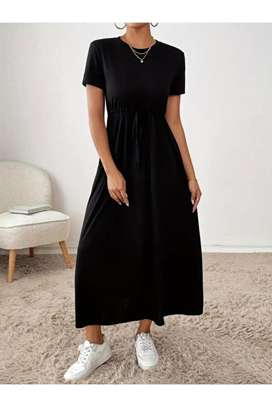 Kadın Kısa Kollu Bisiklet Yaka Belden Bağcıklı Cepli Viskon Elbise