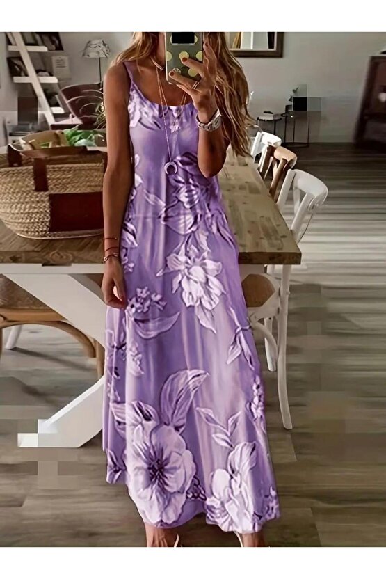 Kadın Askılı Yuvarlak Yaka Etek Geniş Kesim Desenli Süprem Elbise