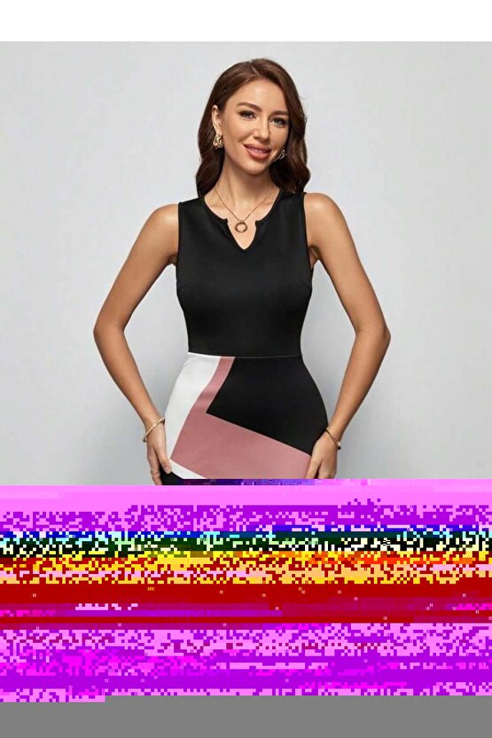 Kadın Kolsuz V Yakalı Geometrik Desenli Midi Dalgıç Elbise