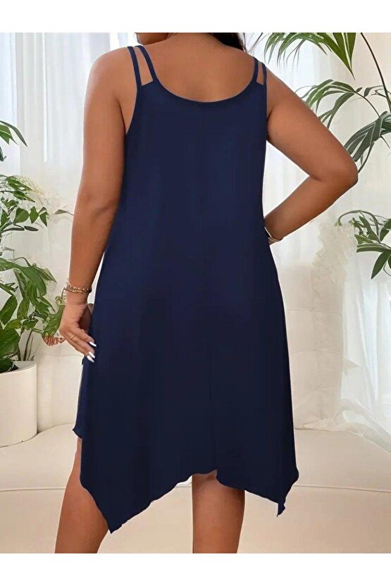 Kadın Askılı Yuvarlak Asimetrik Kesim Detaylı Viskon Elbise