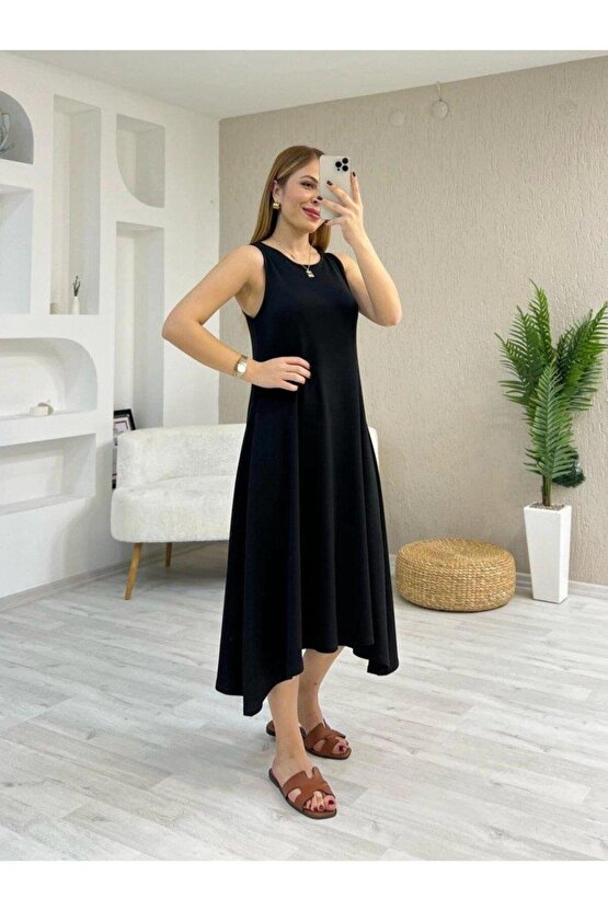 Kadın Askılı Yuvarlak Yakalı Asimetrik Kesim Detaylı Viskon Elbise