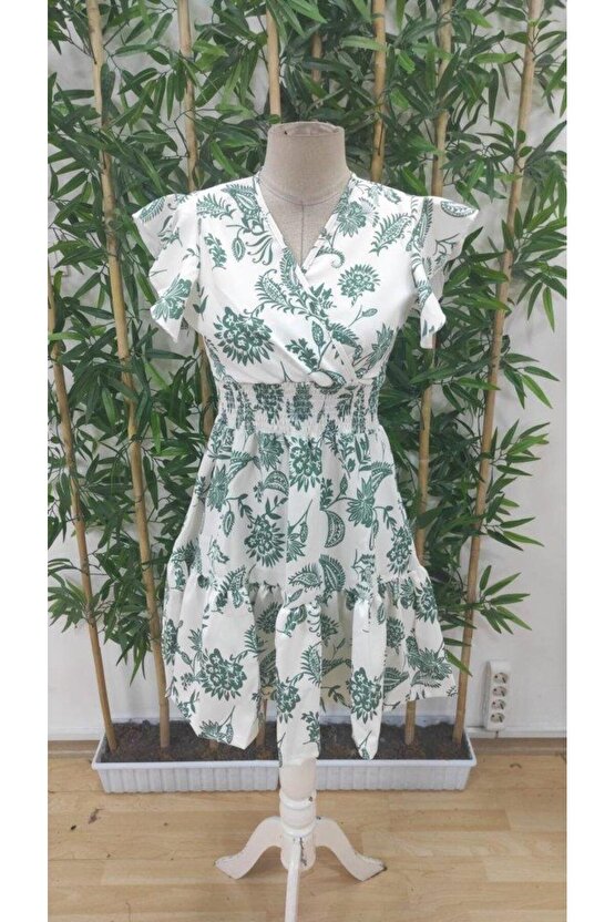 Kadın Kısa Fırfır Kollu Kruvaze Yaka çiçekli Atlas Elbise