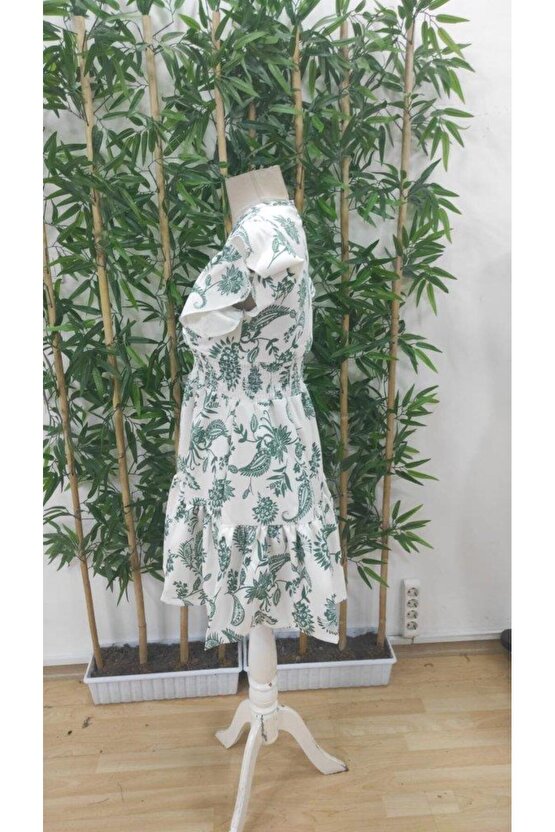 Kadın Kısa Fırfır Kollu Kruvaze Yaka çiçekli Atlas Elbise