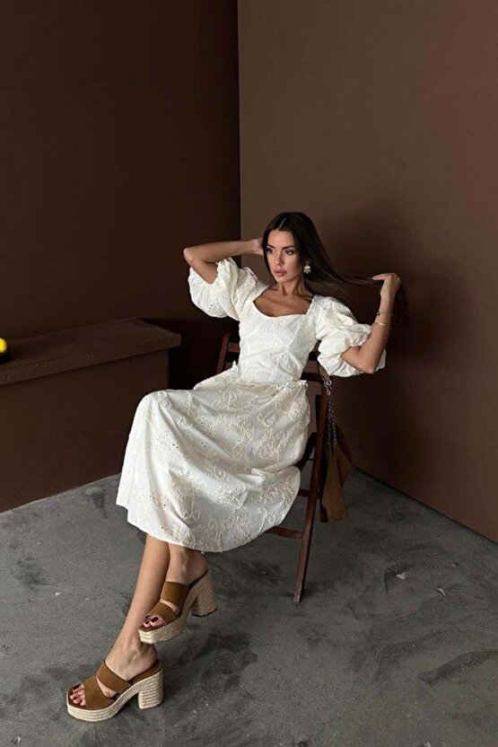 Ekru Balon Kollu Dantelli Brode Elbise