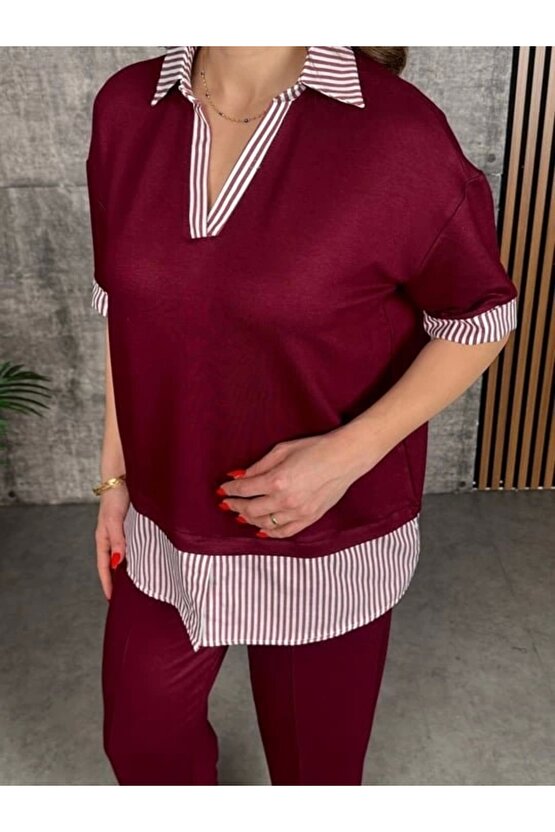 Kadın Modal Kumaş çizgili Gömlek Yaka Ikili Takım