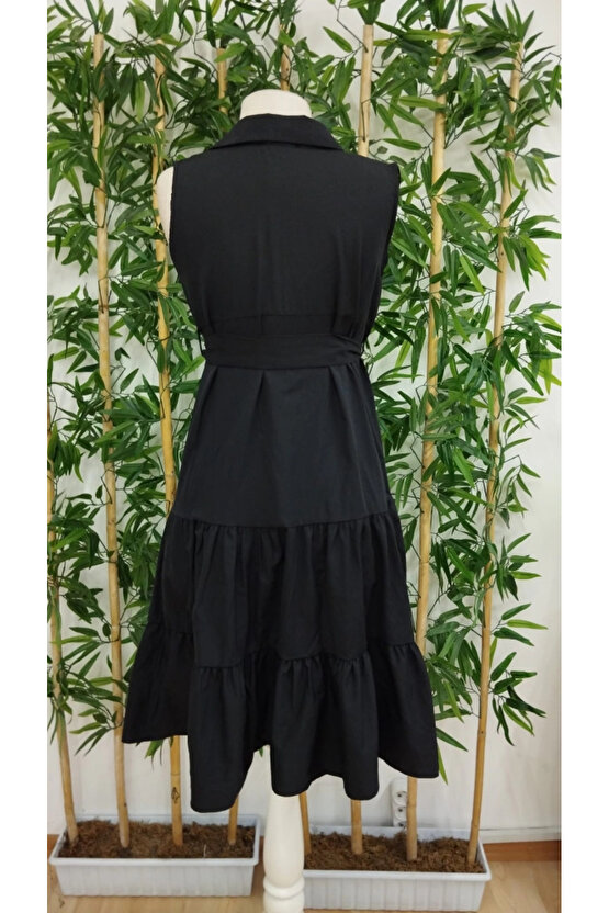 Kadın Kısa Kollu Gömlek Yaka Düğmeli Beli Kuşaklı Katlı Dokuma Midi Elbise