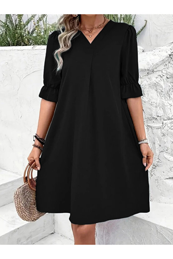 Kadın Kısa Kollu V Yakalı Salaş Janjan Krep Elbise