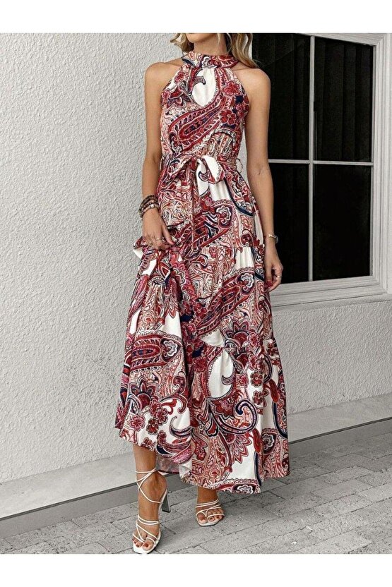 Kadın Halter Yakalı Omuzlardan Açık Kuşaklı Maksi Boy Desenli Süprem Elbise