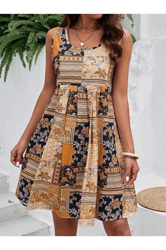 Kadın Sıfır Kol Yuvarlak Yaka çiçek Desenli Süprem Elbise