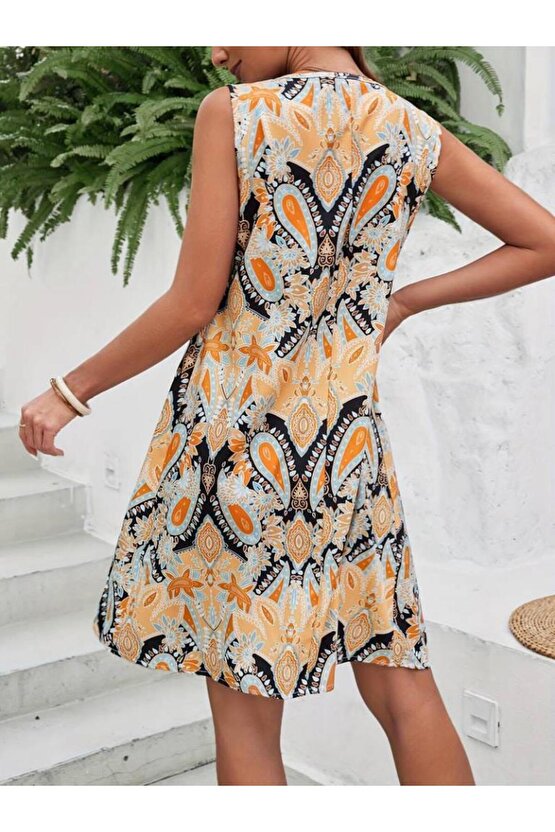 Kadın Sıfır Kol Yuvarlak Yaka çiçek Desenli Süprem Elbise