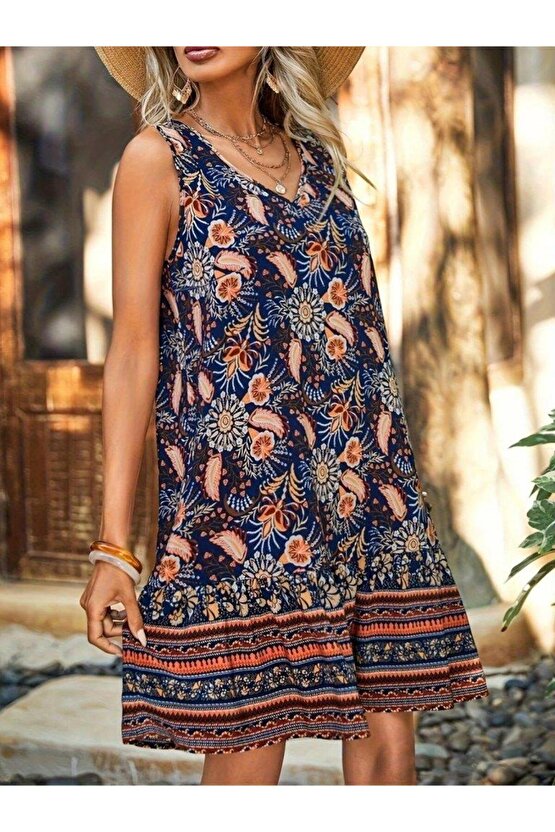 Kadın Askılı V Yakalı Fırfırlı Desenli Süprem Kısa Elbise