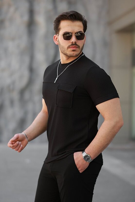 eyesof Erkek Cepli Kolyeli Kısa Kollu örme Kumaş T-shirt