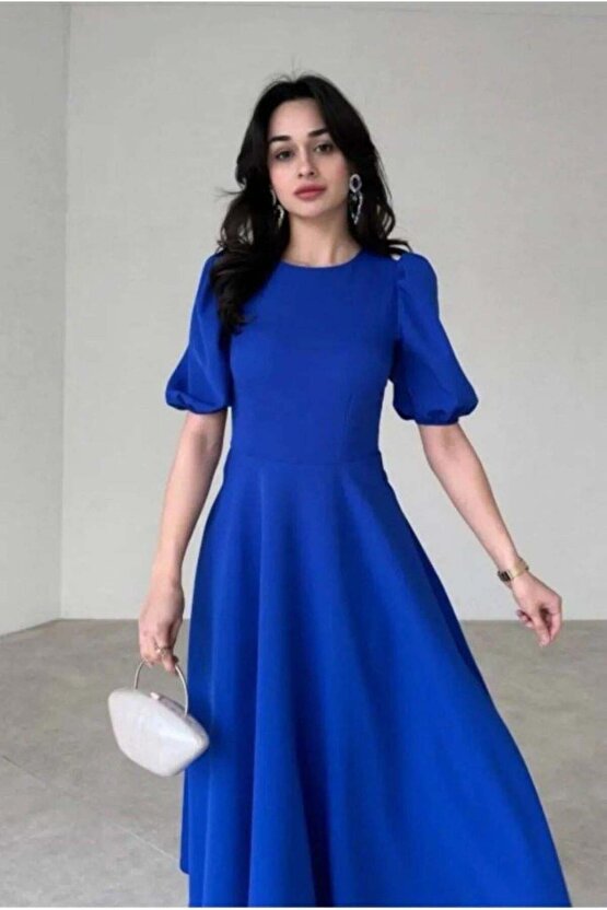 Kadın Kısa Balon Kollu Bisiklet Yaka Geniş Kesim Janjan Krep Elbise