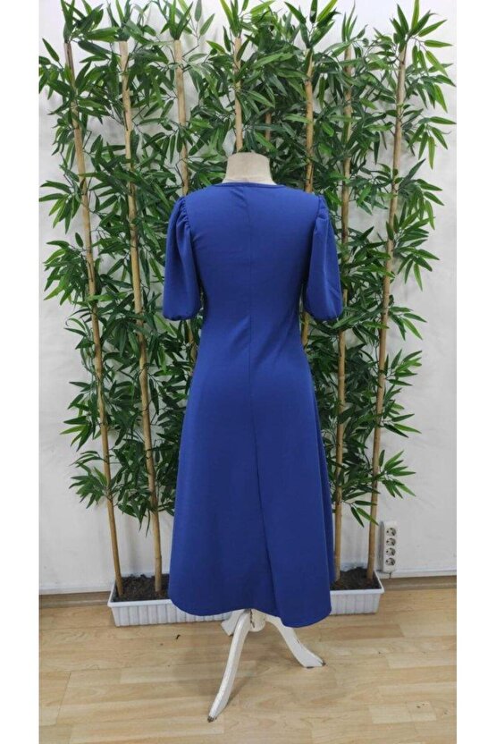 Kadın Kısa Balon Kollu Bisiklet Yaka Geniş Kesim Janjan Krep Elbise