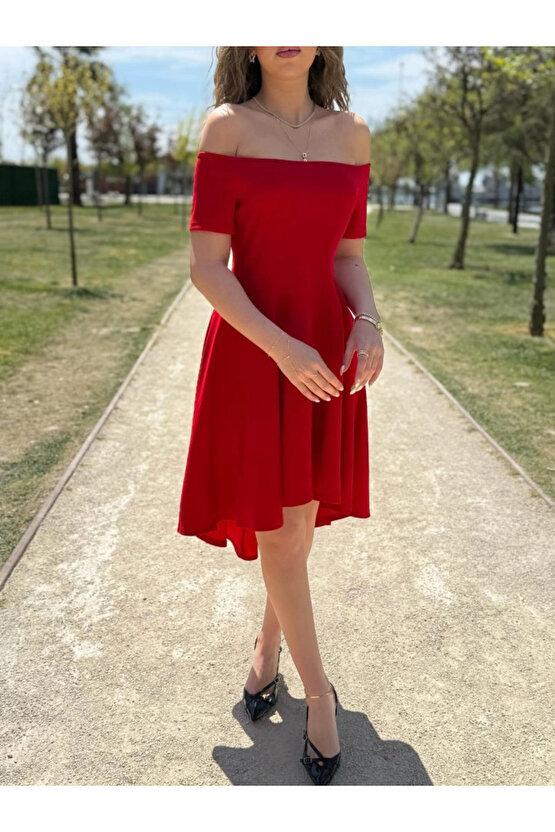 Kadın Kısa Kollu Madonna Yaka önü Kısa Arkası Uzun Ithal Krep Elbise