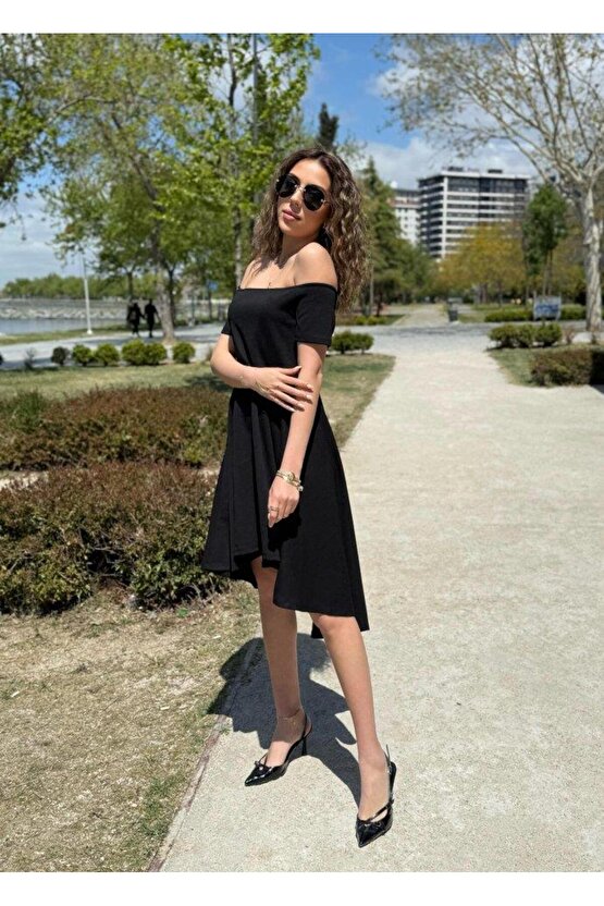 Kadın Kısa Kollu Madonna Yaka önü Kısa Arkası Uzun Ithal Krep Elbise