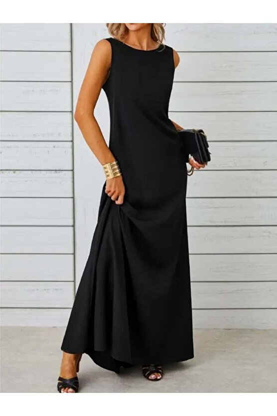 Kadın Kolsuz Kayık Yaka Maksi Janjan Krep Elbise