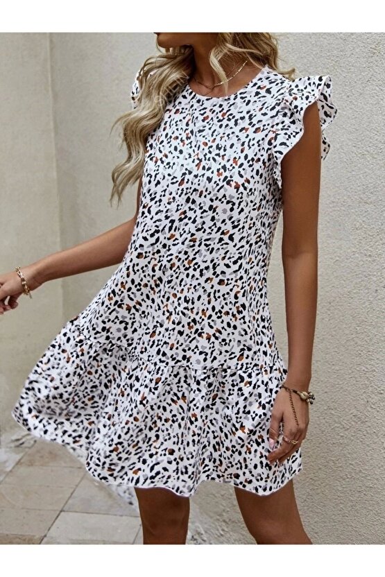 Kadın Kısa Kollu Bisiklet Yaka Etek Ucu Volanlı Kısa Dokuma Elbise