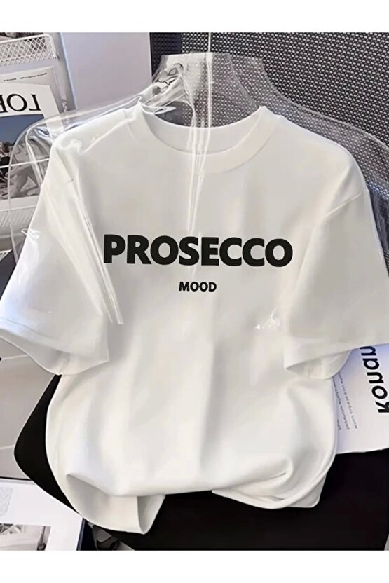 Baskılı Oversize Bisiklet Yaka T-shirt - Beyaz