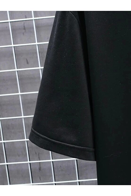 Baskılı Oversize Bisiklet Yaka T-shirt - Siyah