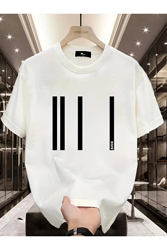 Baskılı Oversize Bisiklet Yaka T-shirt - Beyaz