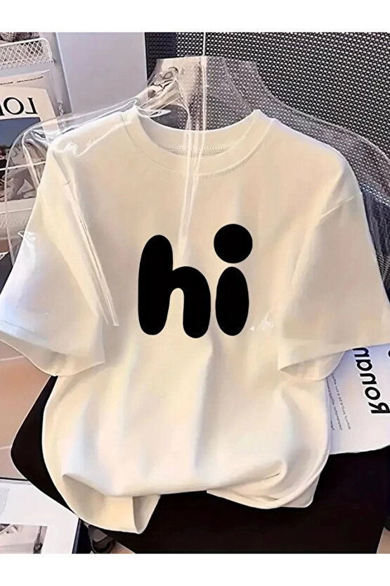 Baskılı Oversize Bisiklet Yaka T-shirt - Beyaz