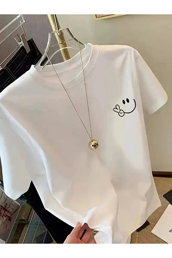 Baskılı Oversize Bisiklet Yaka T-shirt - Beyaz