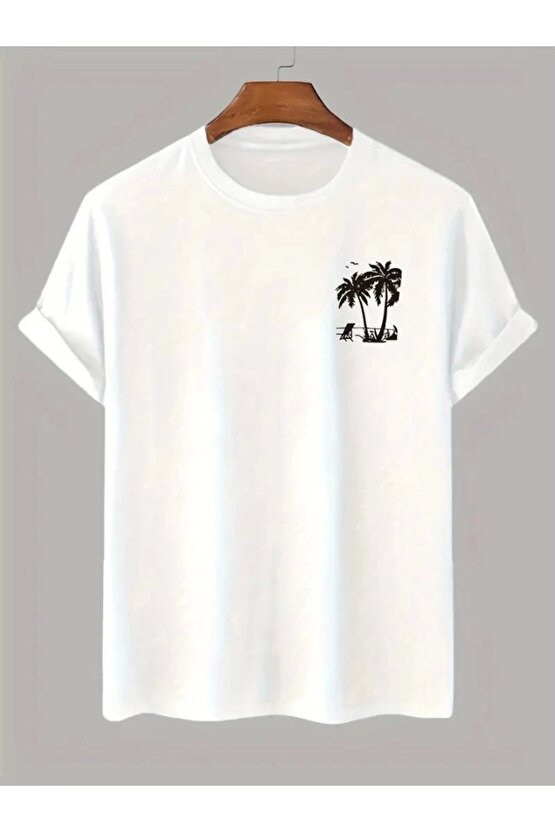 Baskılı Oversize Bisiklet Yaka T-shirt - Beyaz